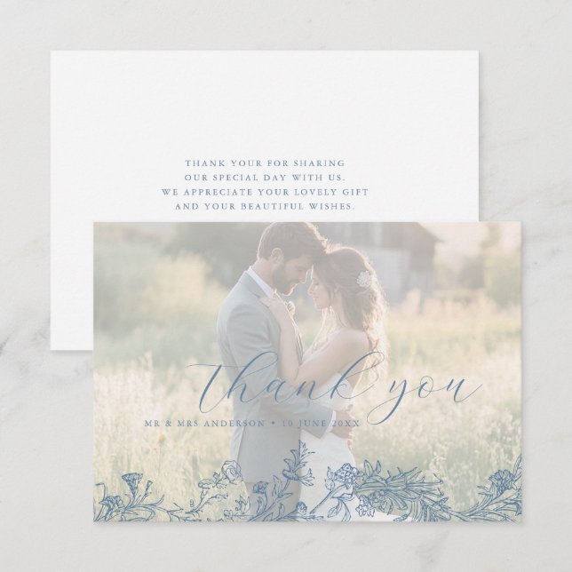 Fleur Bleue Poussiéreuse Mariage photo merci (Devant / Derrière)