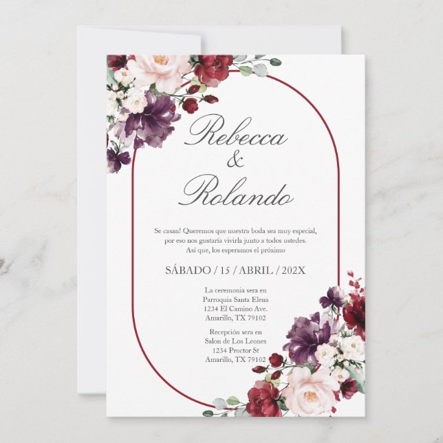 Fleur Bourgogne Elégant Mariage Invitation Espagno (Devant)