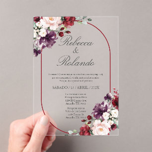 Fleur Bourgogne Elégant Mariage Invitation Espagno