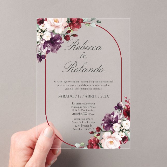 Fleur Bourgogne Elégant Mariage Invitation Espagno (In situ (ordinateur de poche))