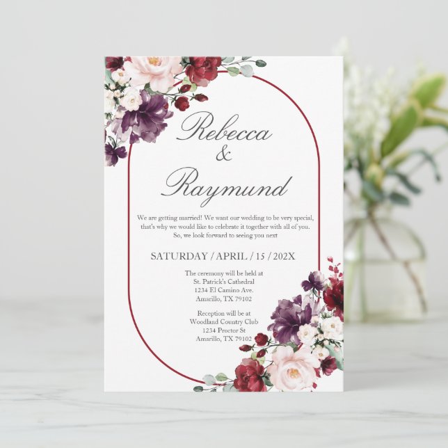 Fleur Bourgogne Elégant Mariage Invitation Espagno (Debout devant)