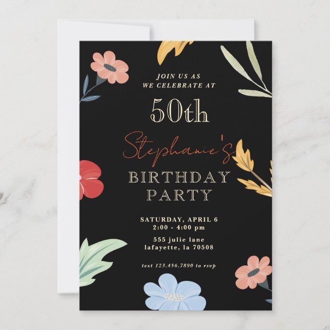 Fleur coloré joyeux 50e anniversaire Invitations (Devant)