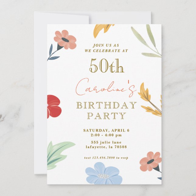 Fleur coloré joyeux 50e anniversaire Invitations (Devant)