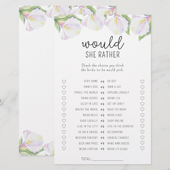 Fleur de calla - Jeu de baby shower pour elle (Devant / Derrière)