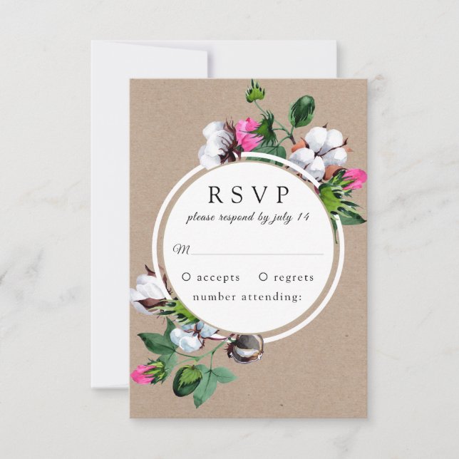 Fleur de coton. Mariage rustique Floral kraft RSVP (Devant)