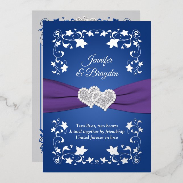 Fleur de Feuille d'Argent, Cœurs Unis Faire-Part à (Recto/Verso)