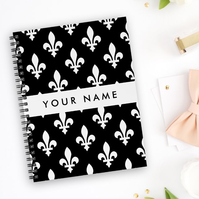Fleur de Lis, Blanc sur Noir, Blanc, Votre Nom (Créateur téléchargé)