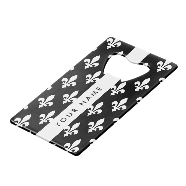 Fleur de Lis, Blanc sur Noir, Blanc, Votre Nom (Devant Angle)