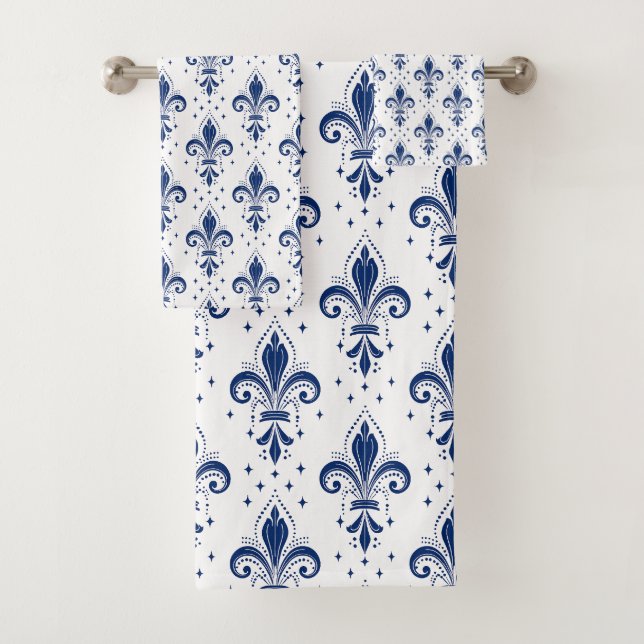 Fleur de lis bleu motif sans soudure sur blanc (En situation)