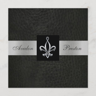 Fleur De Lis Blk Faux Cuir Monogramme Invitation