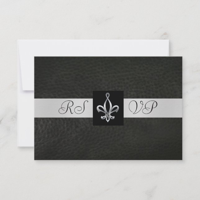 Fleur De Lis Cuir Noir RSVP Réponse Invitation (Devant)