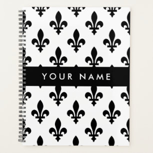 Fleur de Lis, Noir sur Blanc, Noir, Votre Nom