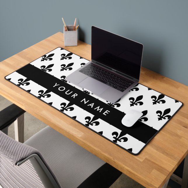 Fleur de Lis, Noir sur Blanc, Noir, Votre Nom (Bureau 2)
