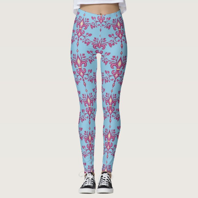 Fleur de lis rose sur les Leggings femmes bleu cie (Devant)