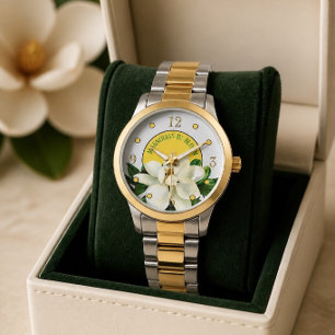 Fleur de Magnolia Élégante Montre Femme Bicolore