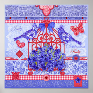 Fleur de naissance et Gem Juillet Poster d'oiseaux