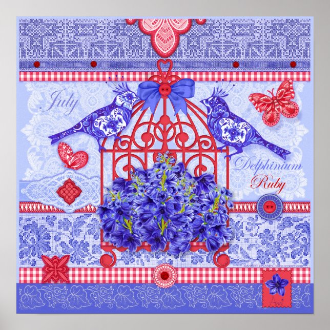 Fleur de naissance et Gem Juillet Poster d'oiseaux (Devant)