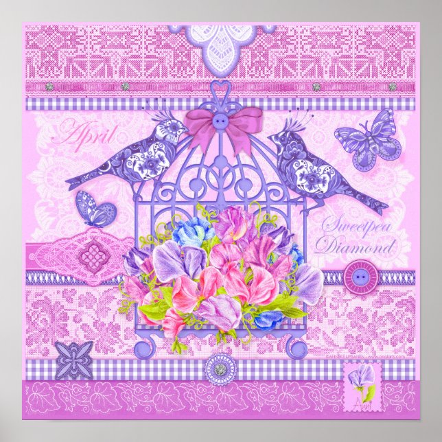 Fleur de naissance et Gem Poster d'avril Birdcage (Devant)