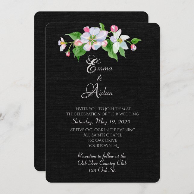 fleur de pomme sur invitation mariage noir (Devant / Derrière)