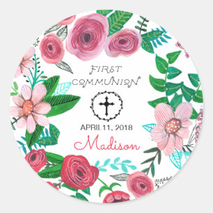 Fleur de première communion Autocollant rond