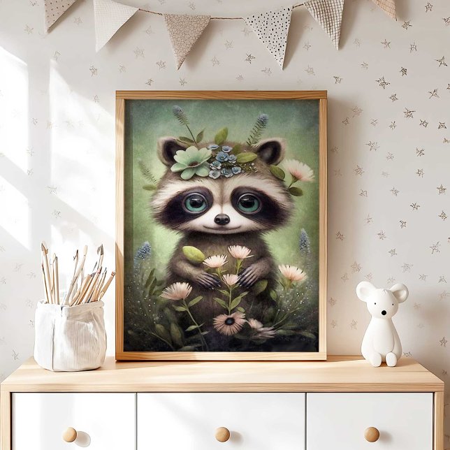 Fleur de raton laveur Forest Baby | Impression mur (Boho Woodland Raccoon Wall Art for Nursery by TinkPrints.)