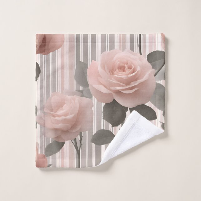 Fleur de rose rose et rayures, aspect vintage (Gant de toilette)