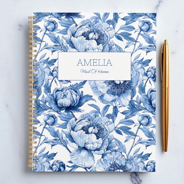 Fleur de style floral bleu de chinoiserie Moderne  (Blue Floral Chinoiserie Flower Name Modern Undated Planner Bridal shower Bridesmaid)