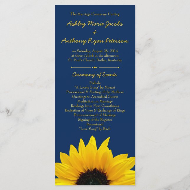 Fleur de tournesol jaune Programme de mariage bleu (Devant)