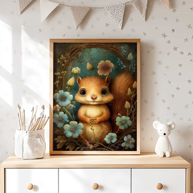 Fleur d'écureuil forestier | Impression du mur d'é (Woodland Squirrel Nursery Print with Blue Flowers by TinkPrints. )