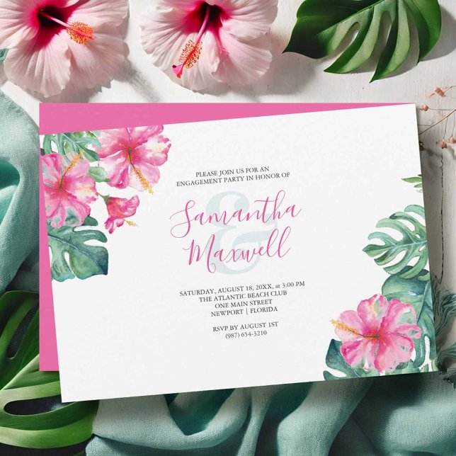 Fleur d'Hibiscus tropical (Flat lay of a tropical hibiscus flower engagement party invitation )