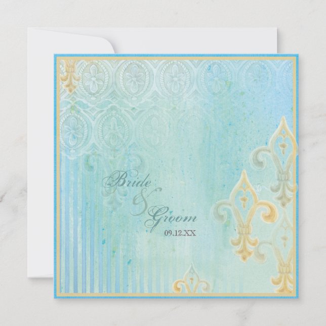 Fleur di Lys Damask 2 Blue - Faire-part de mariage (Devant)