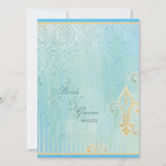Fleur di Lys Damask 2 Blue - Faire-part de mariage (Devant)