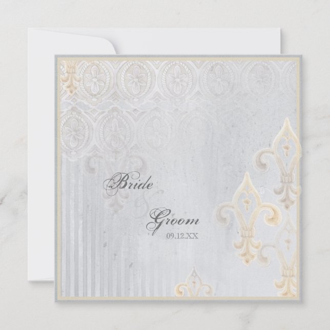 Fleur di Lys Damask 2 Gris Faire-part de mariage (Devant)