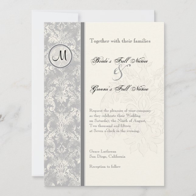 Fleur di Lys Damask - Faire-part de mariage gris (Devant)