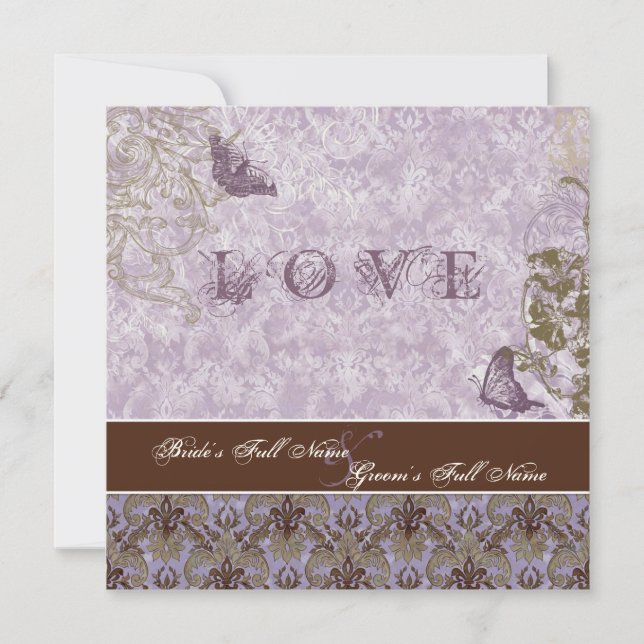 Fleur di Lys Damask - Faire-part de mariage violet (Devant)