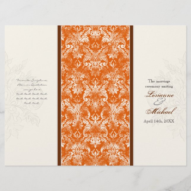 Fleur di Lys Damask Orange Formal Wedding Programm (Devant)