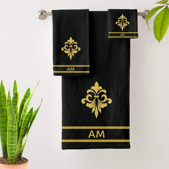 Fleur dorée élégante, monogramme et rayures sur fo (Créateur téléchargé)