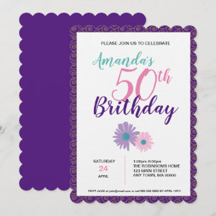 Fleur et spirales rose et violet Invitation d'anni