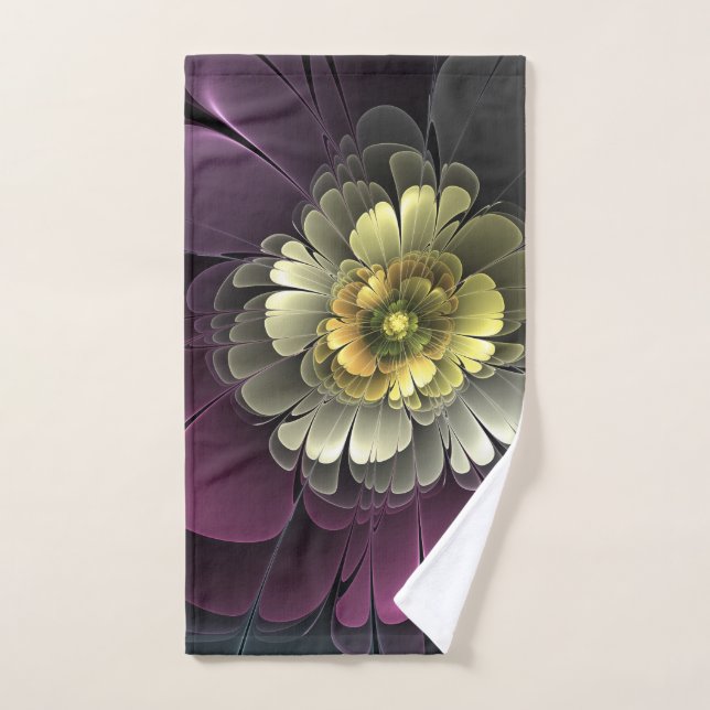 Fleur fractale grise et pourpre moderne abstraite (Serviette à main)