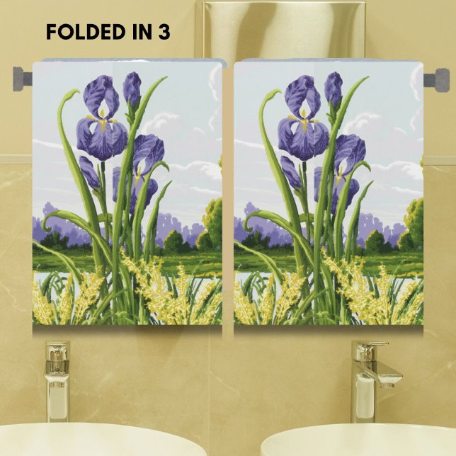 Fleur Iris violet + Green Field Art Botanique (Botanical elegance for your bathroom! Vintage iris and green field floral hand towels.)