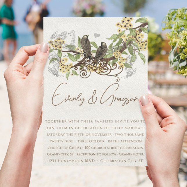 Fleur Jaune Marron Vintage Oiseaux Invitation de M (Créateur téléchargé)