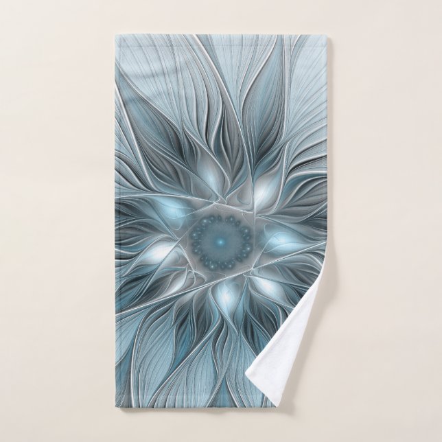 Fleur joyeuse abstraite fleur bleue grise fractale (Serviette à main)
