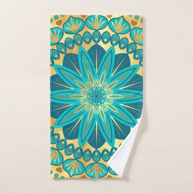 Fleur Mandala Bleu Or (Serviette à main)