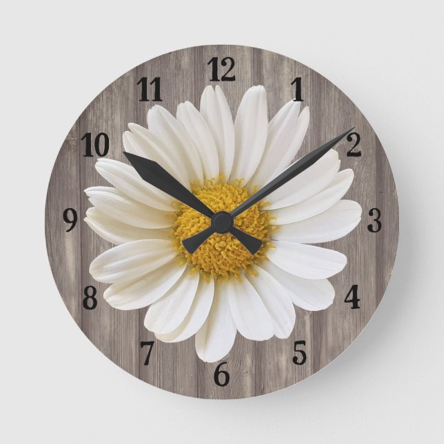 Fleur marguerite blanche sur horloge ronde en bois (Recto)