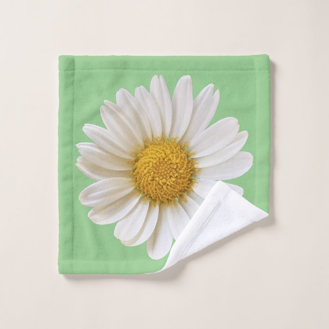 Fleur marguerite blanche sur linge vert Sage (Gant de toilette)