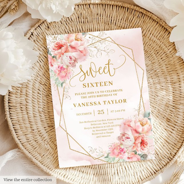 Fleur Or Rose Poudre Fraîche 16 doux Invitation (Fancy Powder Pink Gold Flowers Sweet 16 Invitation)
