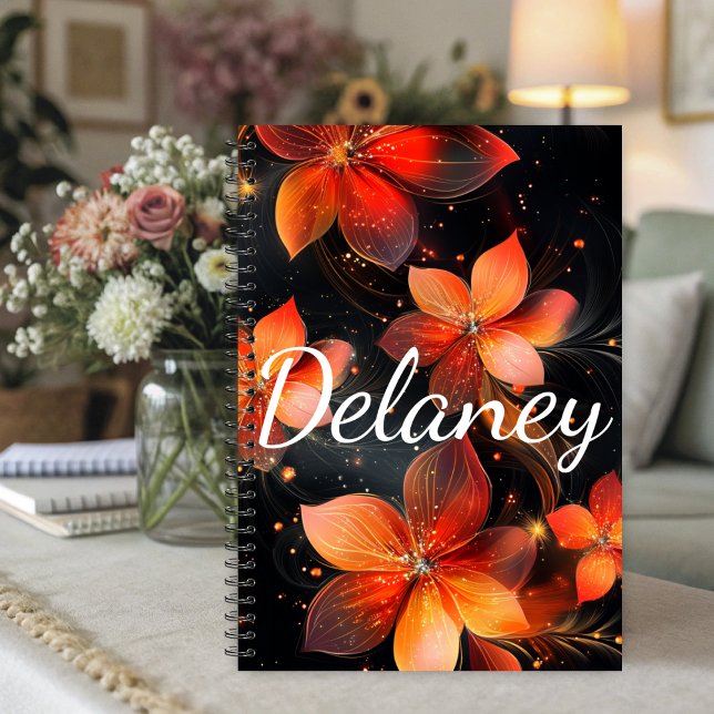 Fleur Orange de Feu Lumineux Élégant (Vibrant orange floral planner with glowing blooms on dark background.)
