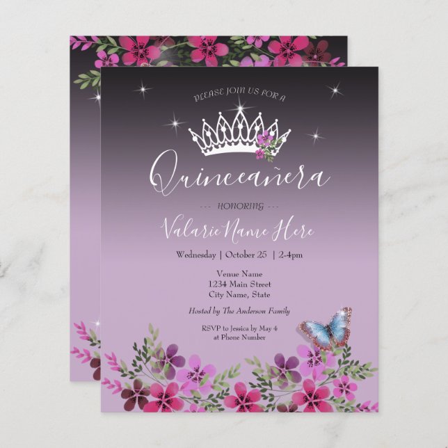 Fleur Papillon Quinceanera Budget Invitation (Devant / Derrière)