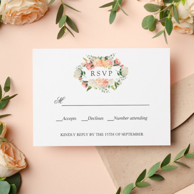 Fleur Peach rose Botanique MARIAGE RSVP (Elegant resp card with serif font and peach pink peony flowers and leaves. Rustic chic floral)