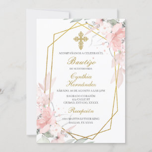 Fleur rose Baptême espagnol Invitation